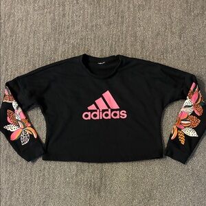 adidas Black Cropped Sweatshirt with Pink Logo and Multicolor Floral Sleeves